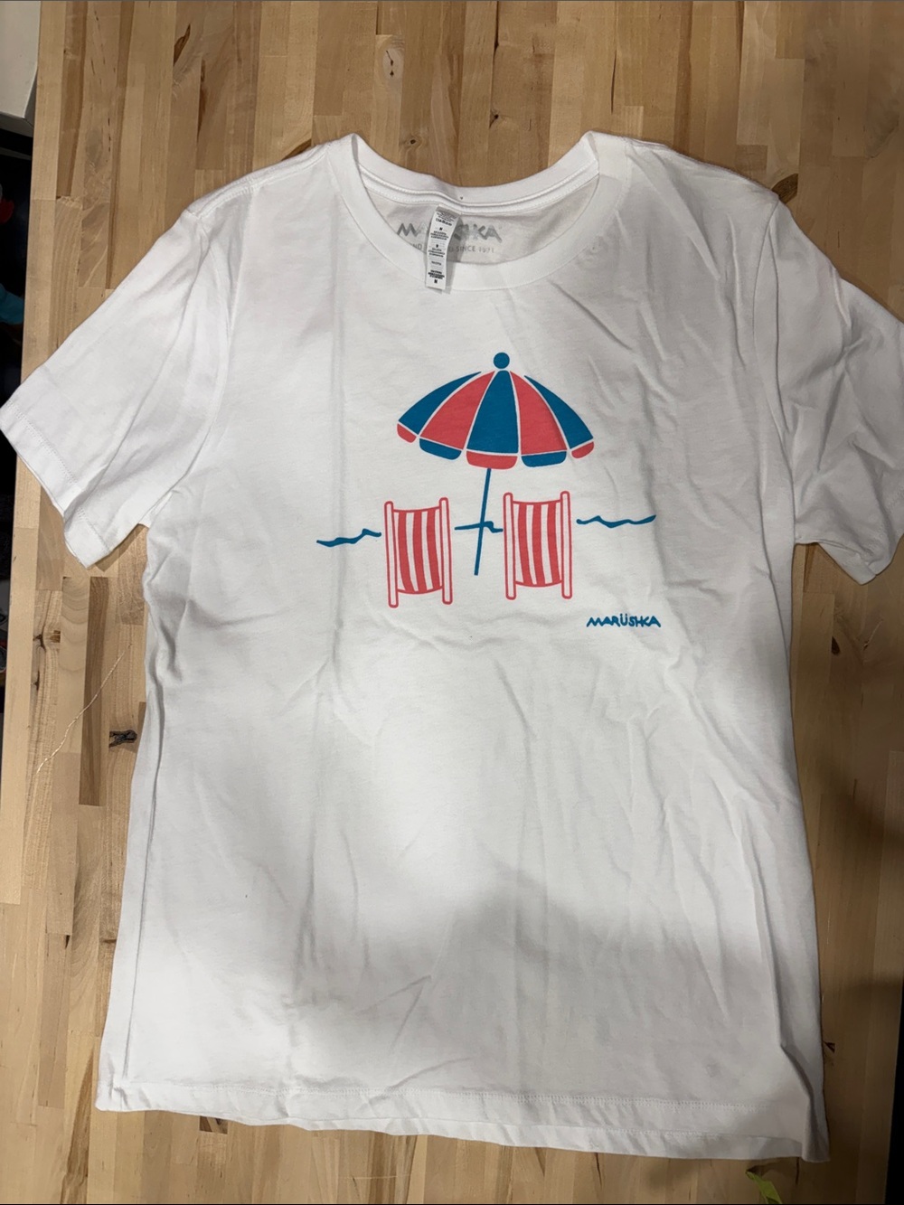 Marushka White Short Sleeve Tee with Pink & Blue Beach Umbrella Graphic